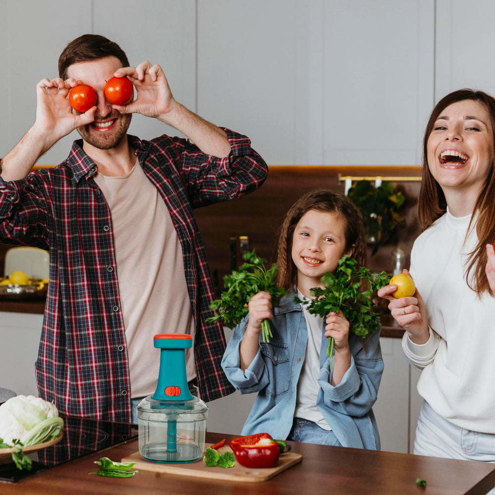 Urja Enterprise Manual Hand Press Push Chopper with 6 Blades for Effortless Chopping Vegetables & Fruits (Multicolor, 1000 ml, Plastic);