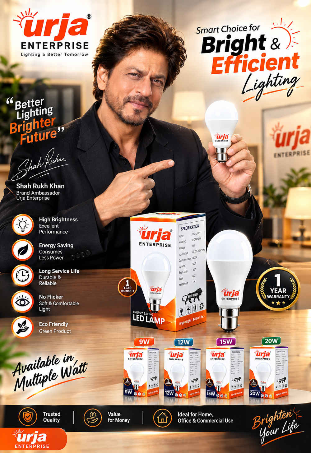 Urja Enterprise LED Bulb for Home & Office |White (2700K) | B22 Base|220 degree Light coverage |4Kv Surge Protection |400V High Voltage Protection |Energy Efficient