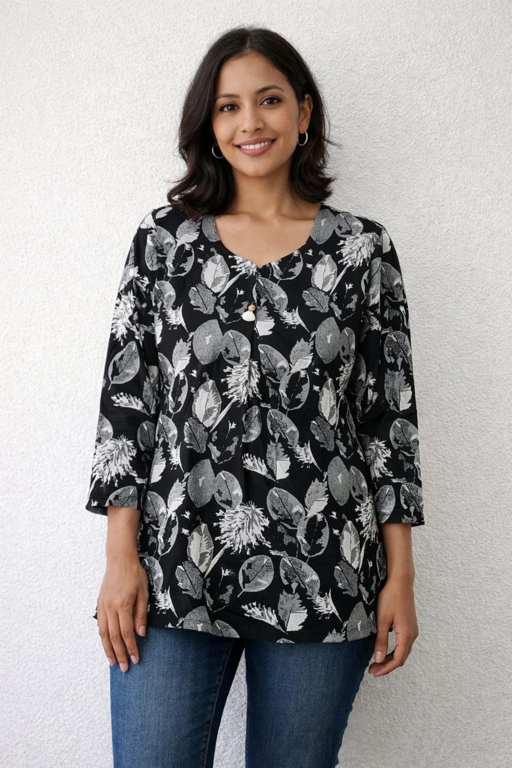 Premium Teal Ikat Print Rayon Women’s Tunic Top – Soft & Breathable Fabric | Elegant Casual & Office Wear | 3/4 Sleeve Designer Kurti Style(1)