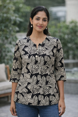 Premium Teal Ikat Print Rayon Women’s Tunic Top – Soft & Breathable Fabric | Elegant Casual & Office Wear | 3/4 Sleeve Designer Kurti Style(2)