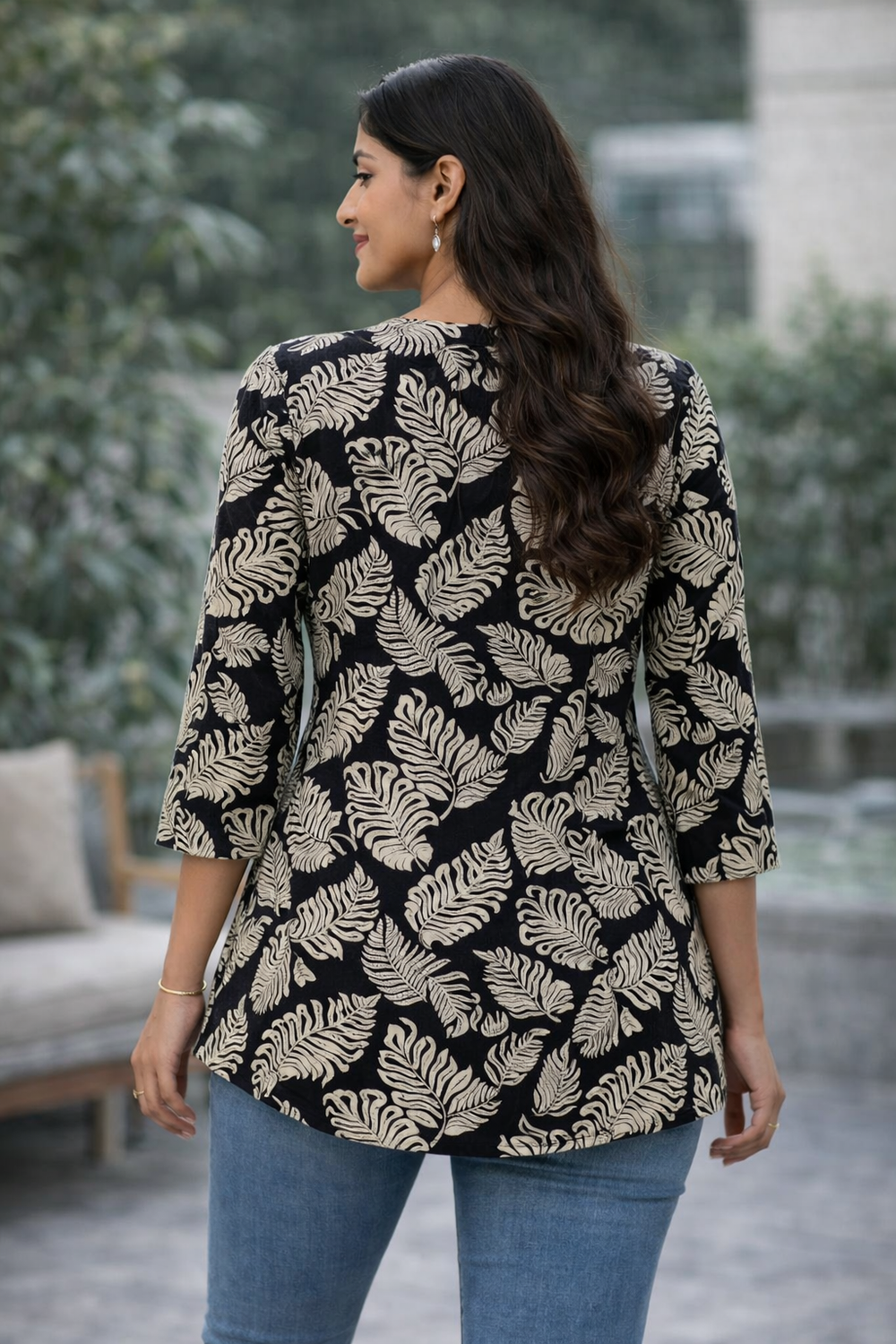 Premium Teal Ikat Print Rayon Women’s Tunic Top – Soft & Breathable Fabric | Elegant Casual & Office Wear | 3/4 Sleeve Designer Kurti Style(2)