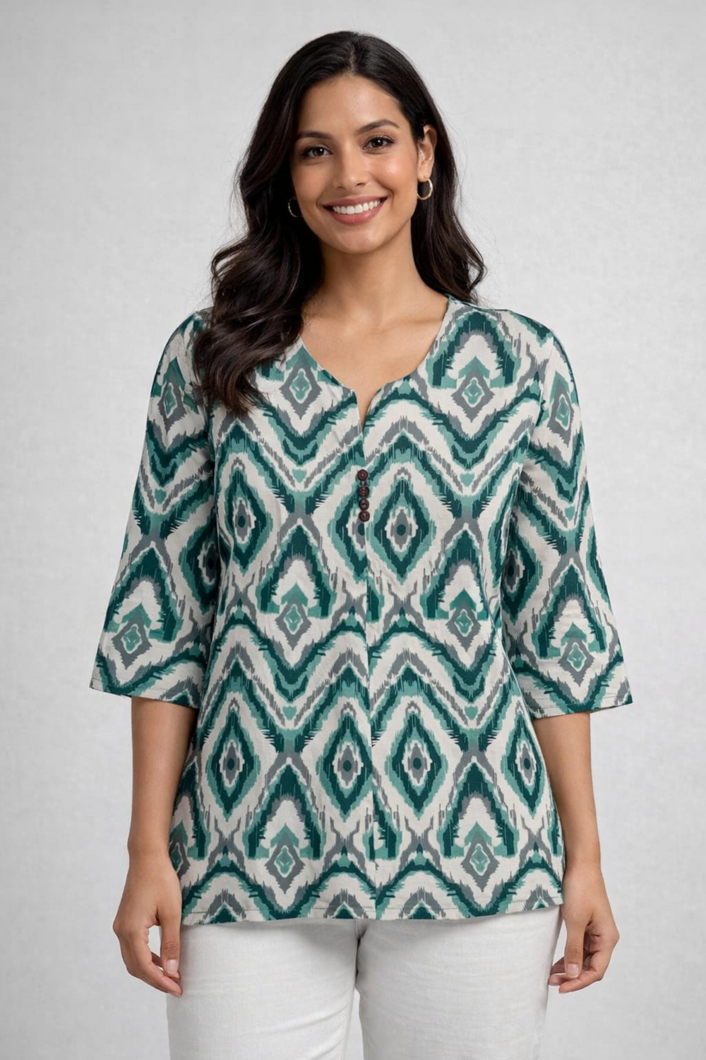 Premium Teal Ikat Print Rayon Women’s Tunic Top – Soft & Breathable Fabric | Elegant Casual & Office Wear | 3/4 Sleeve Designer Kurti Style(3)