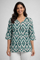 Premium Teal Ikat Print Rayon Women’s Tunic Top – Soft & Breathable Fabric | Elegant Casual & Office Wear | 3/4 Sleeve Designer Kurti Style(3)