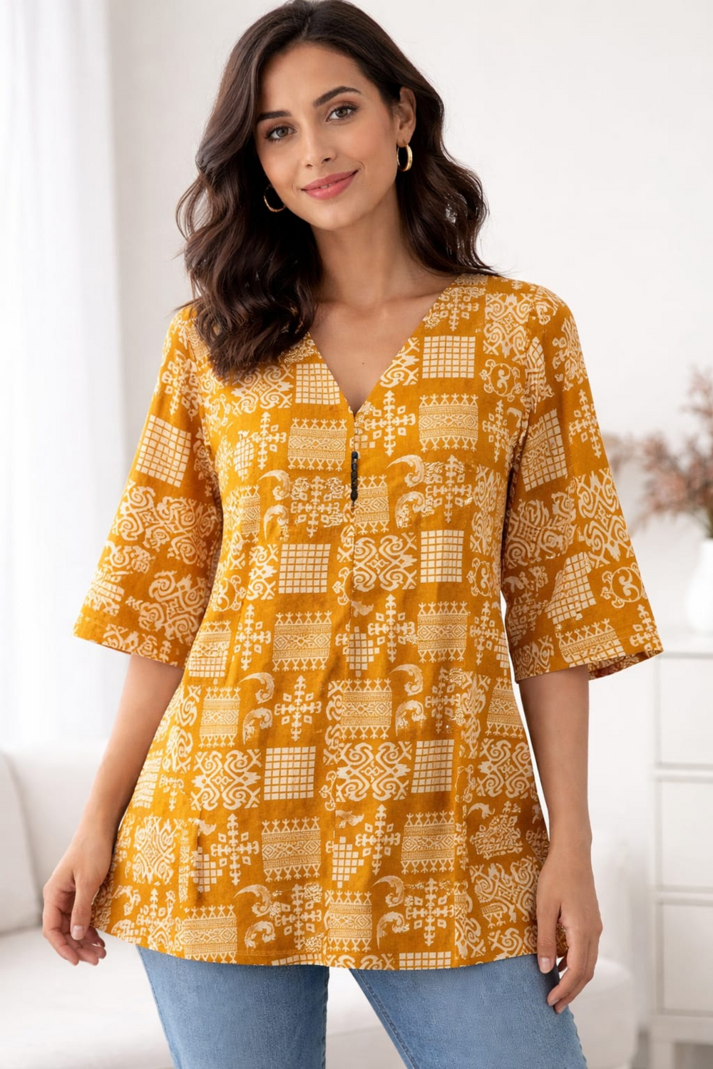 Premium Teal Ikat Print Rayon Women’s Tunic Top – Soft & Breathable Fabric | Elegant Casual & Office Wear | 3/4 Sleeve Designer Kurti Style(5)