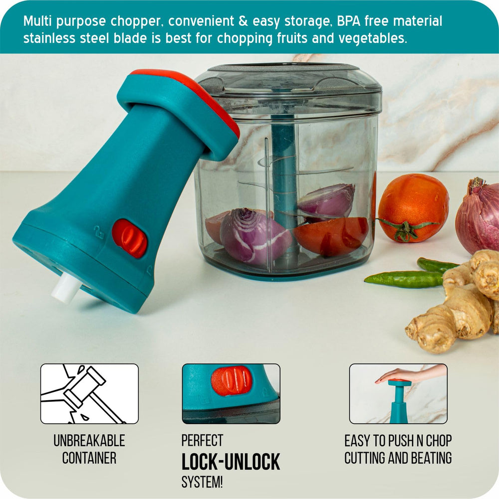 Urja Enterprise Manual Hand Press Push Chopper with 6 Blades for Effortless Chopping Vegetables & Fruits (Multicolor, 1000 ml, Plastic);