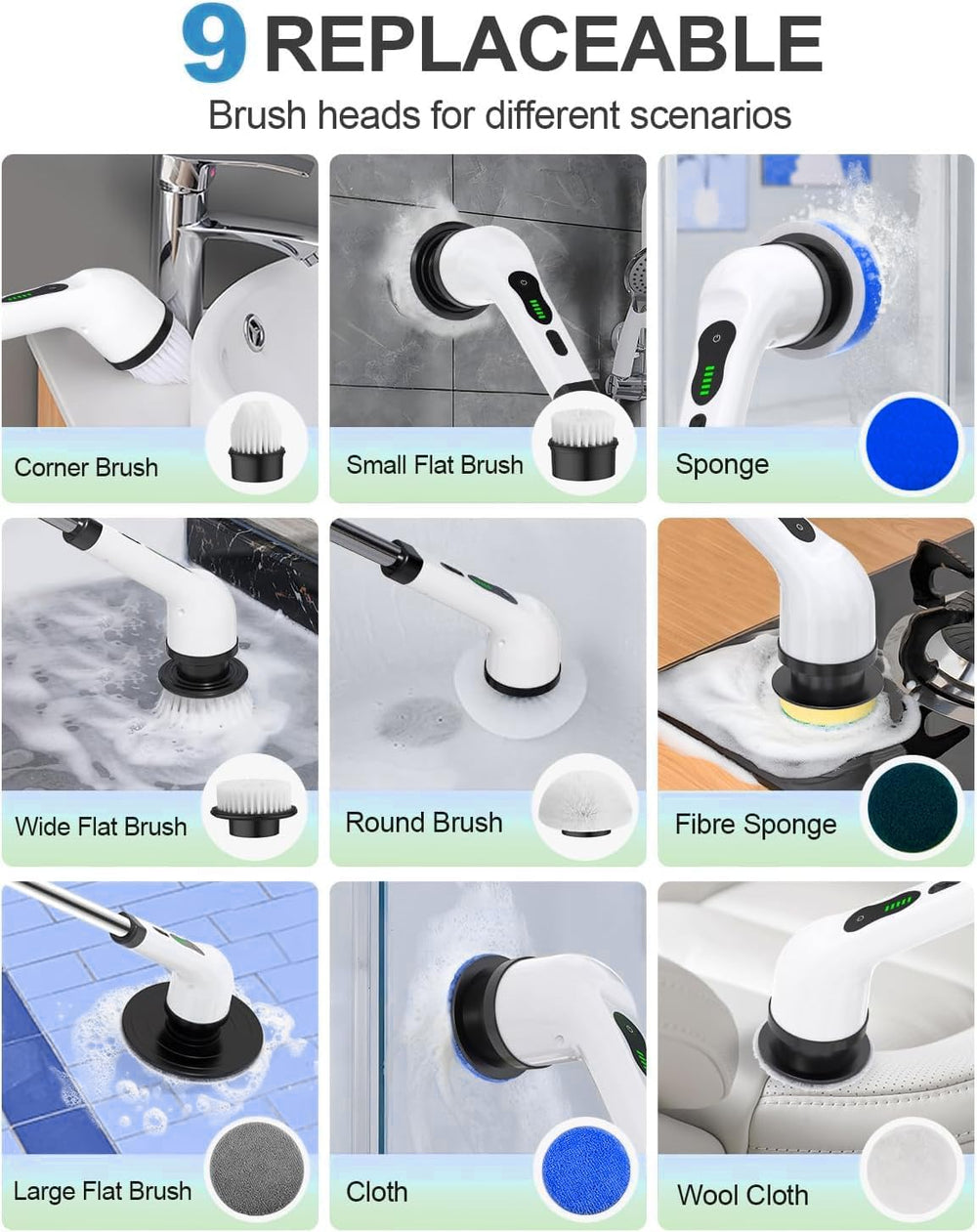 Urja Enterprise 9 in 1 Electric Spin Scrubber, Cleaning Brush Scrubber for Home, 300RPM/Min, 8 Replaceable Brush Heads, 3 Adjustable Size, 2 Adjustable Speeds, for Bathroom, Floor Tiles