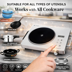 Urja Enterprise Classic 2200 Watt Infrared Cooktop with Crystal Glass & Touch Panel | 4 Pre set cooking Modes | Stir-fry | BBQ | Hot Pot | Steam | 60°C to 600°C | Digital time & Watt display - Classic SIlver