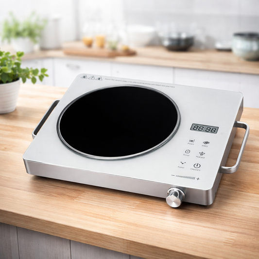 Urja Enterprise Classic 2200 Watt Infrared Cooktop with Crystal Glass & Touch Panel | 4 Pre set cooking Modes | Stir-fry | BBQ | Hot Pot | Steam | 60°C to 600°C | Digital time & Watt display - Classic SIlver