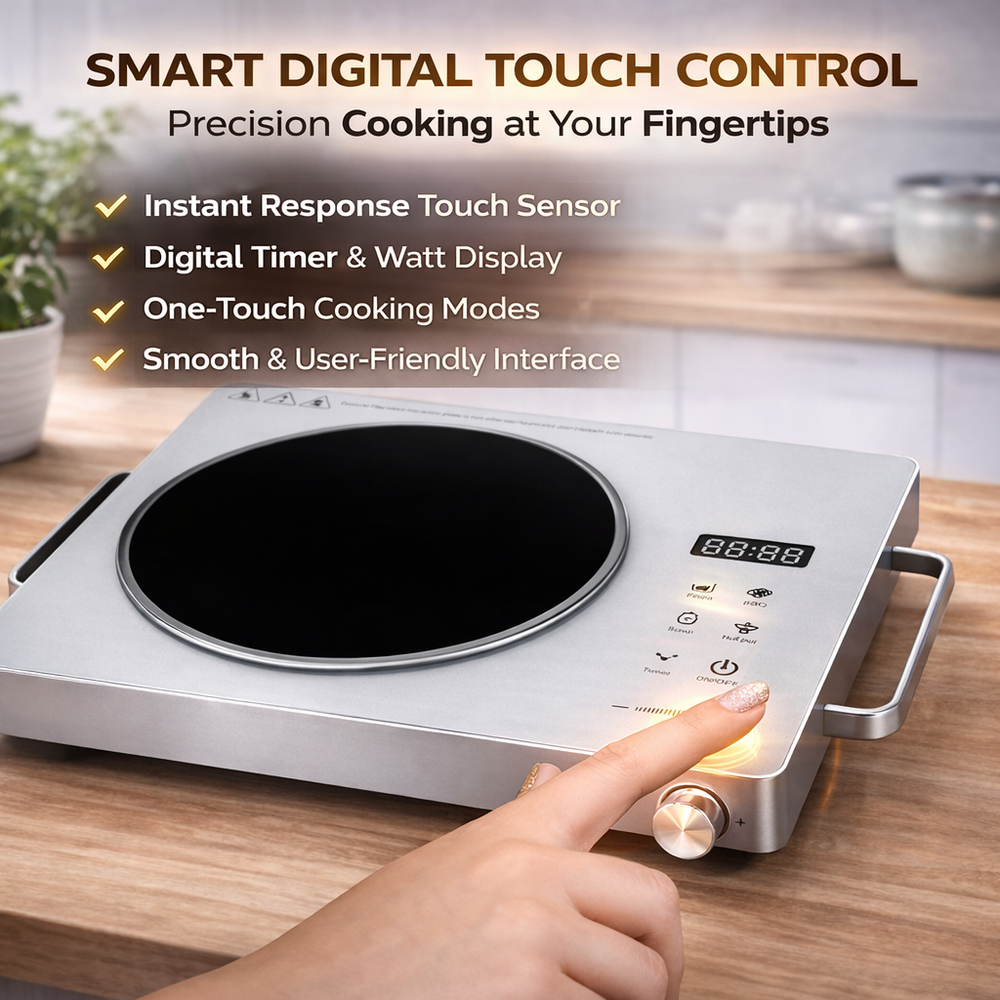 Urja Enterprise Classic 2200 Watt Infrared Cooktop with Crystal Glass & Touch Panel | 4 Pre set cooking Modes | Stir-fry | BBQ | Hot Pot | Steam | 60°C to 600°C | Digital time & Watt display - Classic SIlver