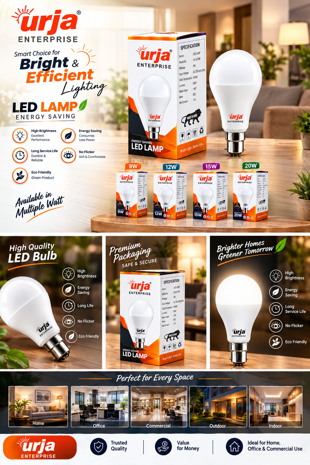 Urja Enterprise LED Bulb for Home & Office |White (2700K) | B22 Base|220 degree Light coverage |4Kv Surge Protection |400V High Voltage Protection |Energy Efficient