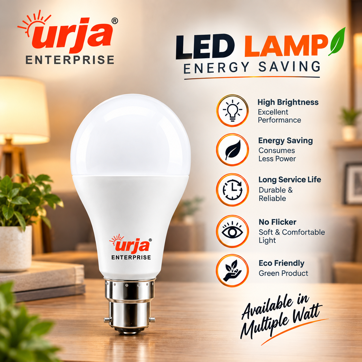 Urja Enterprise LED Bulb for Home & Office |White (2700K) | B22 Base|220 degree Light coverage |4Kv Surge Protection |400V High Voltage Protection |Energy Efficient