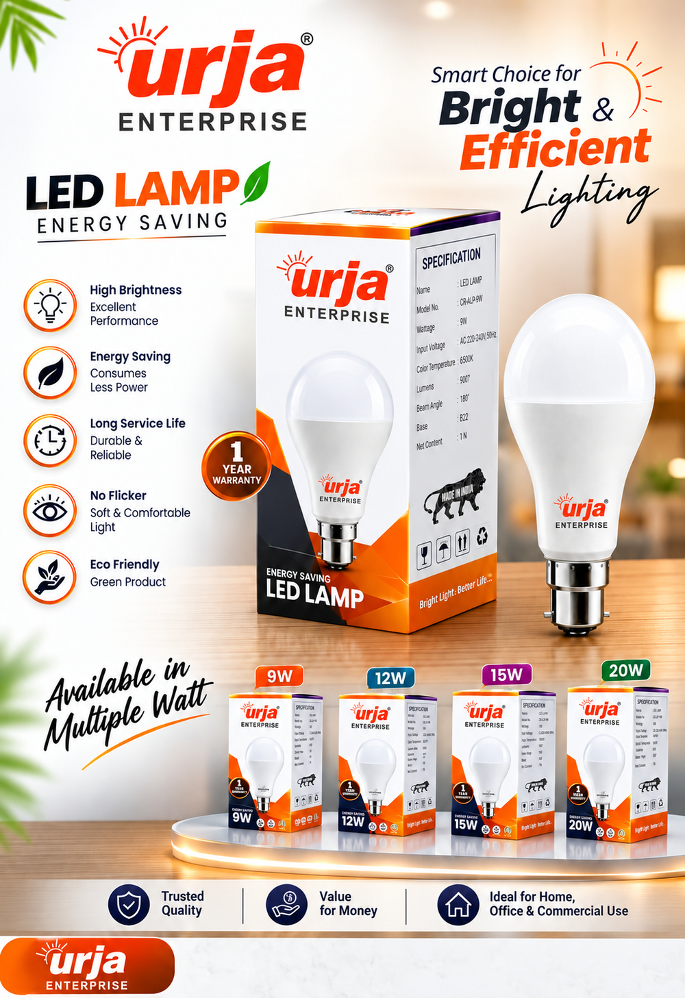 Urja Enterprise LED Bulb for Home & Office |White (2700K) | B22 Base|220 degree Light coverage |4Kv Surge Protection |400V High Voltage Protection |Energy Efficient