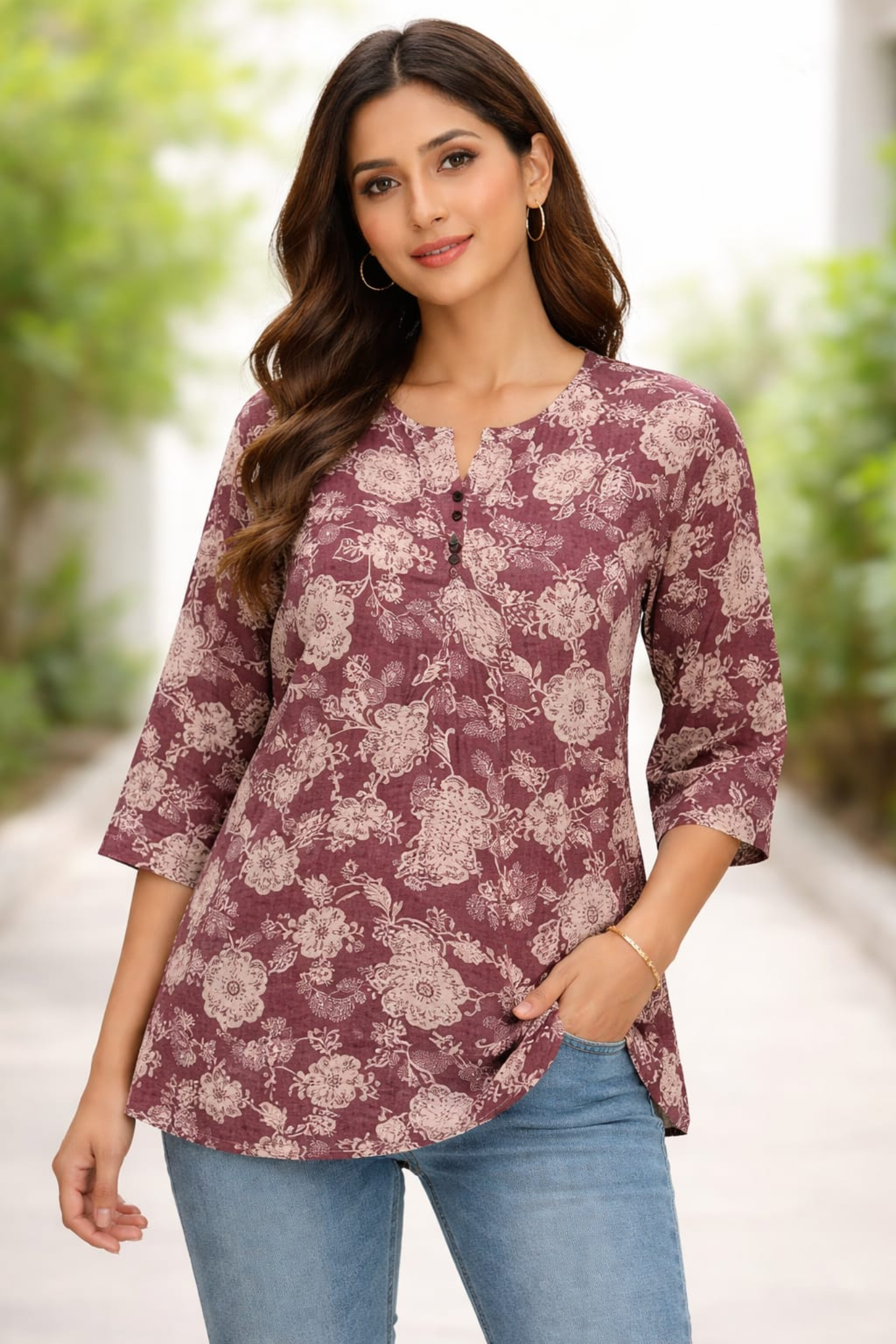 Premium Teal Ikat Print Rayon Women’s Tunic Top – Soft & Breathable Fabric | Elegant Casual & Office Wear | 3/4 Sleeve Designer Kurti Style