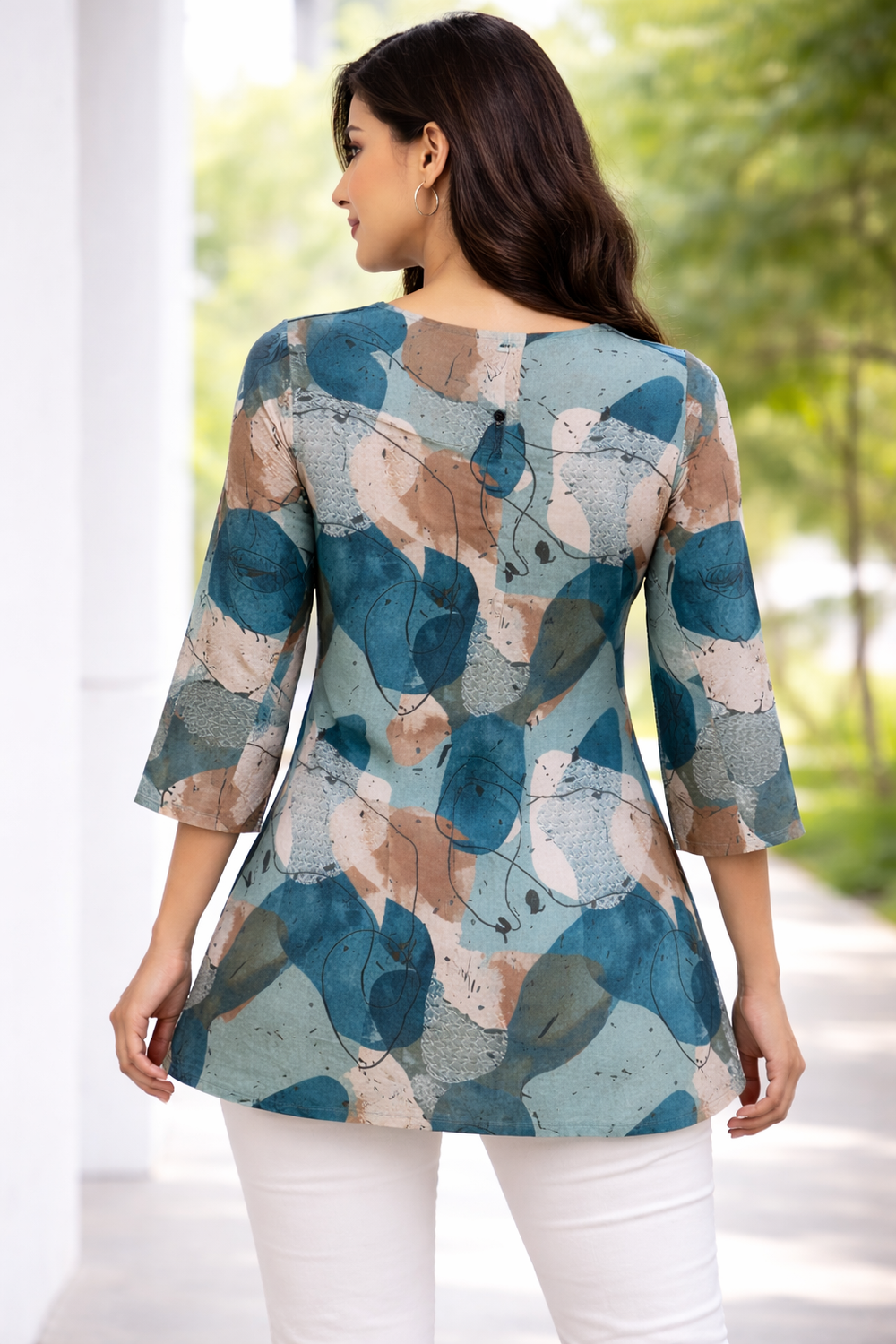 Premium Teal Ikat Print Rayon Women’s Tunic Top – Soft & Breathable Fabric | Elegant Casual & Office Wear | 3/4 Sleeve Designer Kurti Style(6)