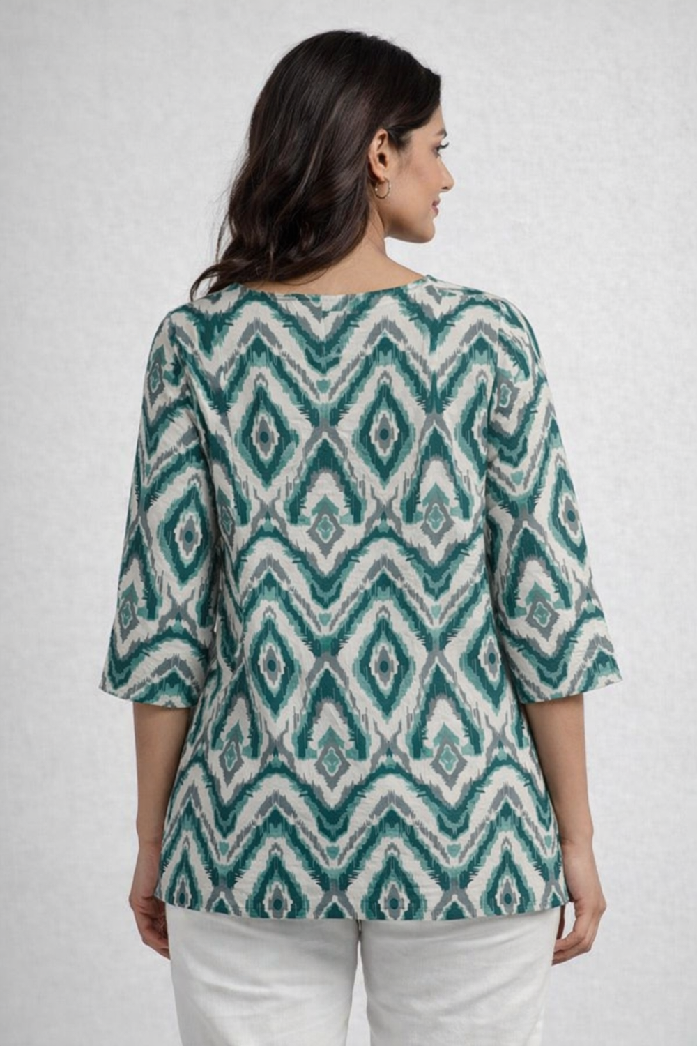 Premium Teal Ikat Print Rayon Women’s Tunic Top – Soft & Breathable Fabric | Elegant Casual & Office Wear | 3/4 Sleeve Designer Kurti Style(3)