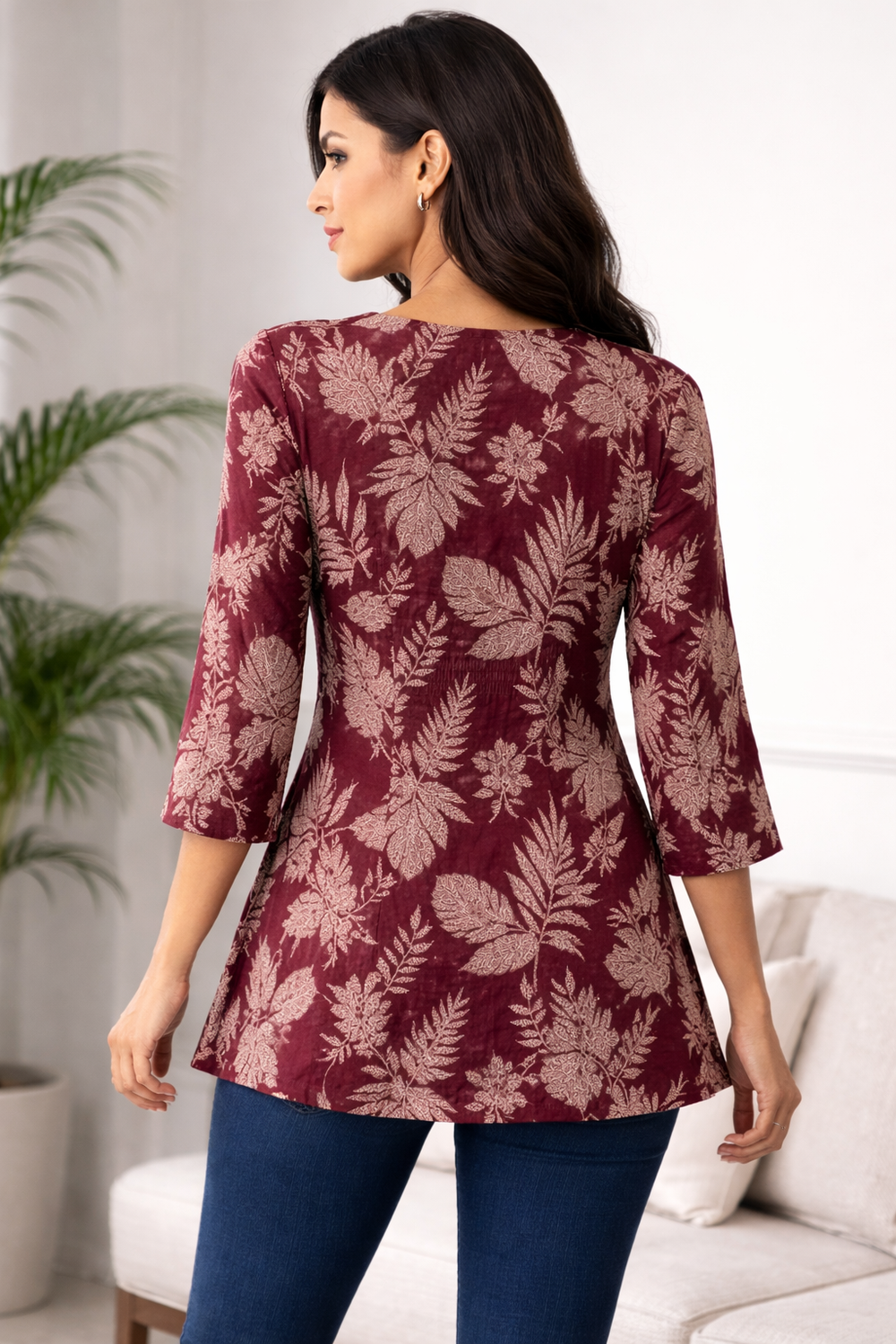 Premium Teal Ikat Print Rayon Women’s Tunic Top – Soft & Breathable Fabric | Elegant Casual & Office Wear | 3/4 Sleeve Designer Kurti Style(4)