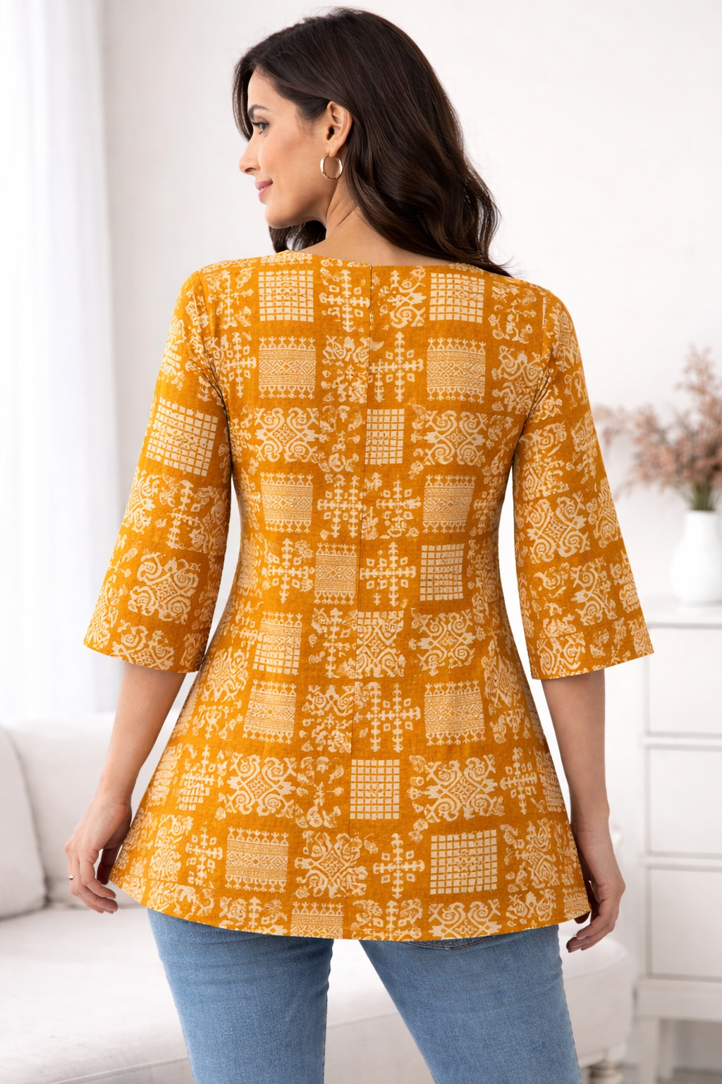 Premium Teal Ikat Print Rayon Women’s Tunic Top – Soft & Breathable Fabric | Elegant Casual & Office Wear | 3/4 Sleeve Designer Kurti Style(5)